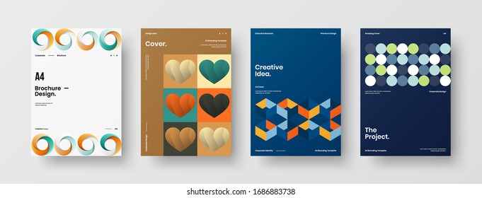 Business presentation vector A4 vertical orientation front page mock up set. Corporate report cover abstract geometric illustration design layout bundle. Company identity brochure template collection.