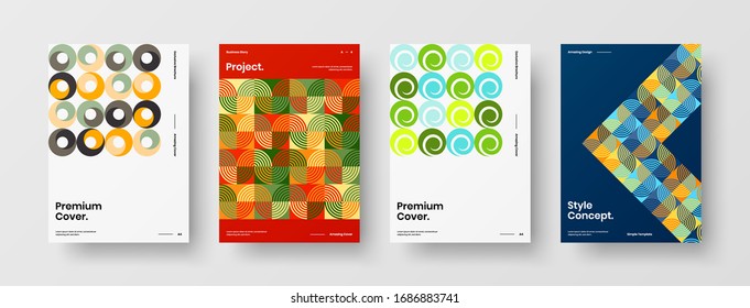 Business presentation vector A4 vertical orientation front page mock up set. Corporate report cover abstract geometric illustration design layout bundle. Company identity brochure template collection.