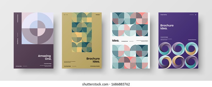 Business presentation vector A4 vertical orientation front page mock up set. Corporate report cover abstract geometric illustration design layout bundle. Company identity brochure template collection.
