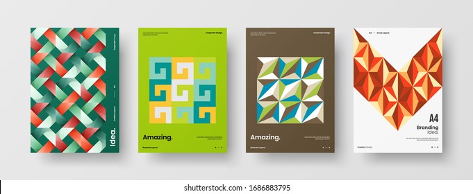 Vortragssatz der Vektorillustration A4 für vertikale Ausrichtung der Vorderseite. Corporate Report deckt abstraktes geometrisches Design-Layout-Paket für Illustrationen ab. Vorlage für Firmenidentitätsbroschüren