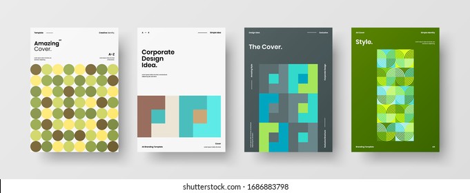 Business presentation vector A4 vertical orientation front page mock up set. Corporate report cover abstract geometric illustration design layout bundle. Company identity brochure template collection.