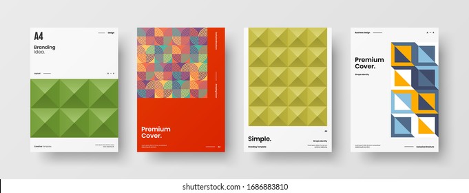 Business presentation vector A4 vertical orientation front page mock up set. Corporate report cover abstract geometric illustration design layout bundle. Company identity brochure template collection.