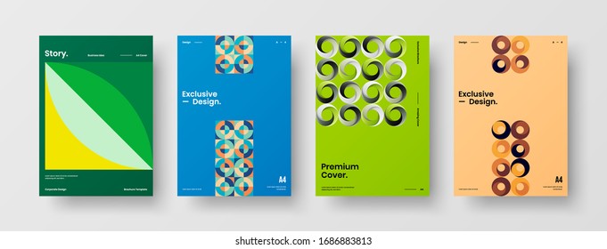 Business presentation vector A4 vertical orientation front page mock up set. Corporate report cover abstract geometric illustration design layout bundle. Company identity brochure template collection.