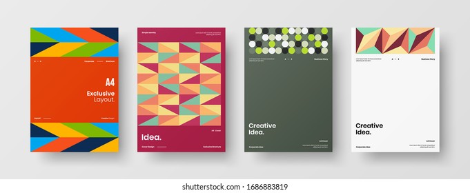 Business presentation vector A4 vertical orientation front page mock up set. Corporate report cover abstract geometric illustration design layout bundle. Company identity brochure template collection.