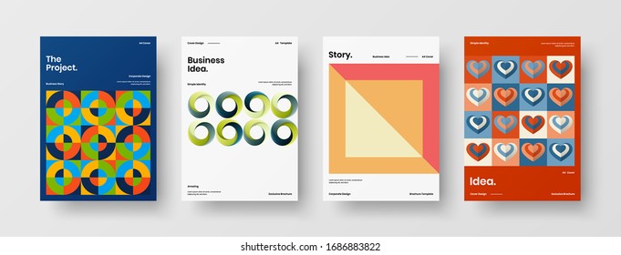 Diseño de presentación de negocio vectorial orientación vertical primera página maqueta conjunto. El informe corporativo cubre el paquete de diseño de ilustración geométrica abstracta. Colección de plantillas de folleto de identidad de la empresa.