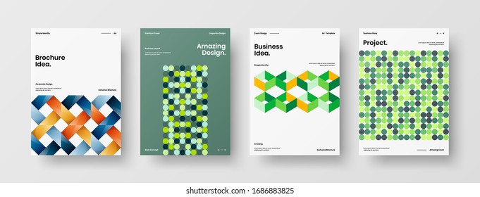 Vortragssatz der Vektorillustration A4 für vertikale Ausrichtung der Vorderseite. Corporate Report deckt abstraktes geometrisches Design-Layout-Paket für Illustrationen ab. Vorlage für Firmenidentitätsbroschüren