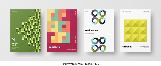 Business presentation vector A4 vertical orientation front page mock up set. Corporate report cover abstract geometric illustration design layout bundle. Company identity brochure template collection.