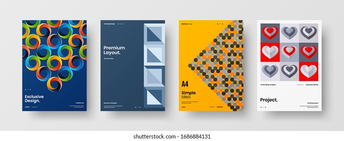 Business presentation vector A4 vertical orientation front page mock up set. Corporate report cover abstract geometric illustration design layout bundle. Company identity brochure template collection.