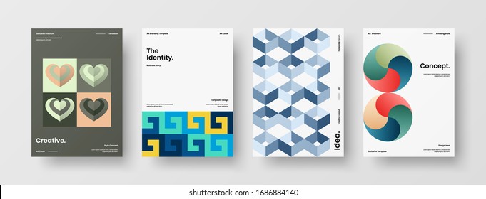 Business presentation vector A4 vertical orientation front page mock up set. Corporate report cover abstract geometric illustration design layout bundle. Company identity brochure template collection.