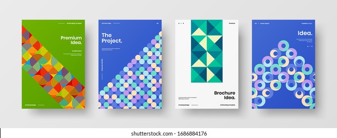 Business presentation vector A4 vertical orientation front page mock up set. Corporate report cover abstract geometric illustration design layout bundle. Company identity brochure template collection.