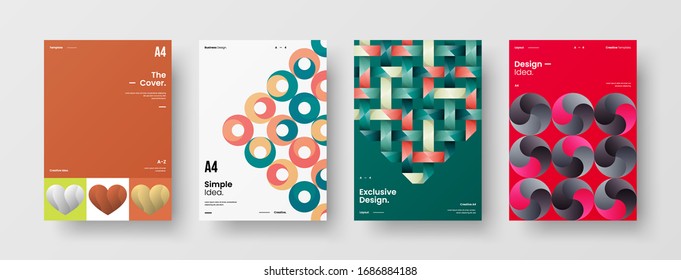 Business presentation vector A4 vertical orientation front page mock up set. Corporate report cover abstract geometric illustration design layout bundle. Company identity brochure template collection.