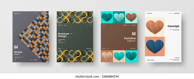 Business presentation vector A4 vertical orientation front page mock up set. Corporate report cover abstract geometric illustration design layout bundle. Company identity brochure template collection.
