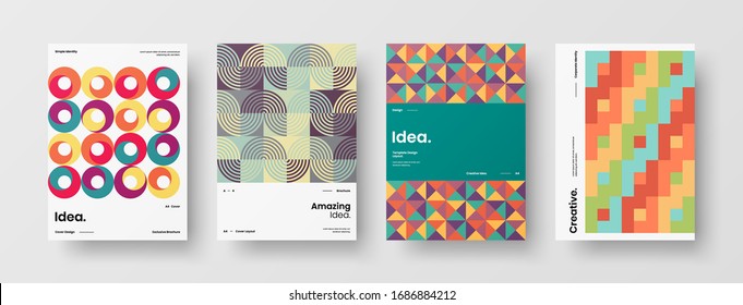 Business presentation vector A4 vertical orientation front page mock up set. Corporate report cover abstract geometric illustration design layout bundle. Company identity brochure template collection.