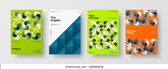 Business presentation vector A4 vertical orientation front page mock up set. Corporate report cover abstract geometric illustration design layout bundle. Company identity brochure template collection.