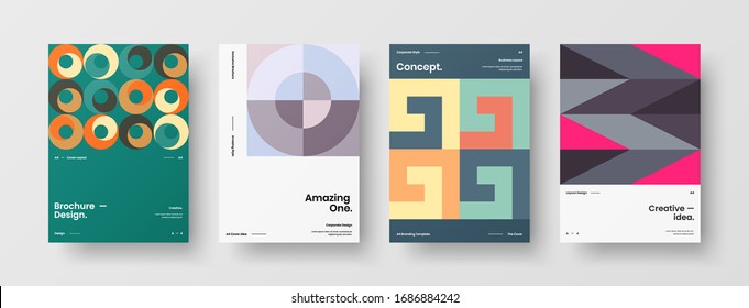 Business presentation vector A4 vertical orientation front page mock up set. Corporate report cover abstract geometric illustration design layout bundle. Company identity brochure template collection.