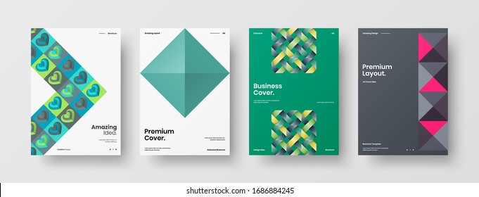 Diseño de presentación de negocio vectorial orientación vertical primera página maqueta conjunto. El informe corporativo cubre el paquete de diseño de ilustración geométrica abstracta. Colección de plantillas de folleto de identidad de la empresa.