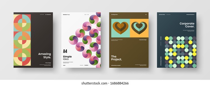 Business presentation vector A4 vertical orientation front page mock up set. Corporate report cover abstract geometric illustration design layout bundle. Company identity brochure template collection.