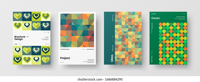 Business presentation vector A4 vertical orientation front page mock up set. Corporate report cover abstract geometric illustration design layout bundle. Company identity brochure template collection.