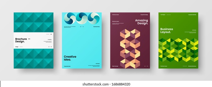 Diseño de presentación de negocio vectorial orientación vertical primera página maqueta conjunto. El informe corporativo cubre el paquete de diseño de ilustración geométrica abstracta. Colección de plantillas de folleto de identidad de la empresa.