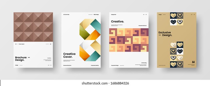 Business presentation vector A4 vertical orientation front page mock up set. Corporate report cover abstract geometric illustration design layout bundle. Company identity brochure template collection.