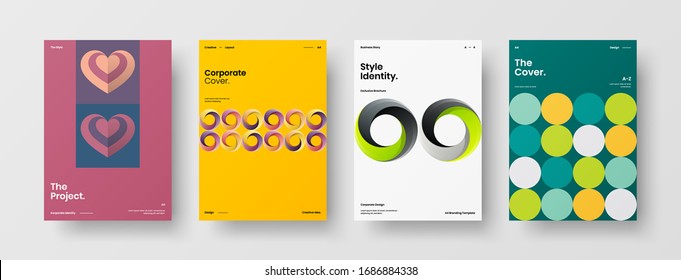 Business presentation vector A4 vertical orientation front page mock up set. Corporate report cover abstract geometric illustration design layout bundle. Company identity brochure template collection.