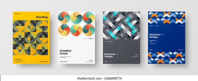 Business presentation vector A4 vertical orientation front page mock up set. Corporate report cover abstract geometric illustration design layout bundle. Company identity brochure template collection.