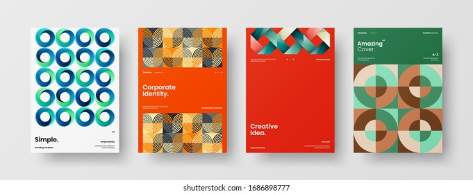 Business presentation vector A4 vertical orientation front page mock up set. Corporate report cover abstract geometric illustration design layout bundle. Company identity brochure template collection.