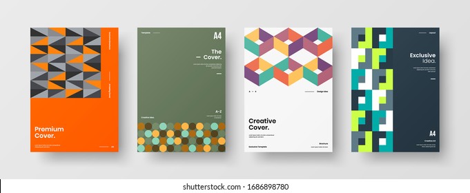 Business presentation vector A4 vertical orientation front page mock up set. Corporate report cover abstract geometric illustration design layout bundle. Company identity brochure template collection.