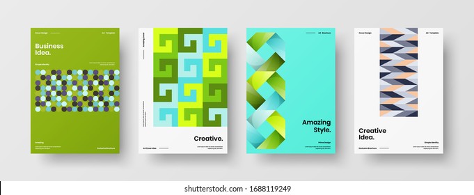 Business presentation vector A4 vertical orientation front page mock up set. Corporate report cover abstract geometric illustration design layout bundle. Company identity brochure template collection.