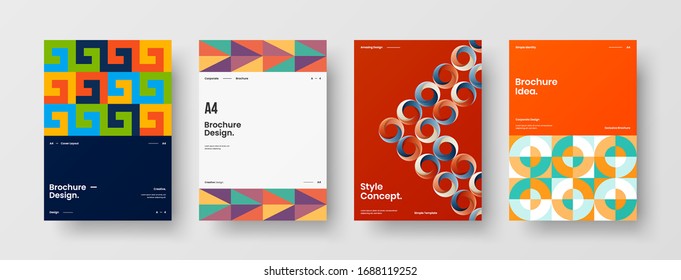 Business presentation vector A4 vertical orientation front page mock up set. Corporate report cover abstract geometric illustration design layout bundle. Company identity brochure template collection.
