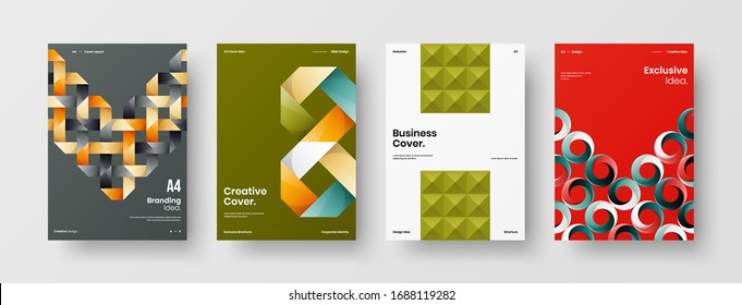 Vortragssatz der Vektorillustration A4 für vertikale Ausrichtung der Vorderseite. Corporate Report deckt abstraktes geometrisches Design-Layout-Paket für Illustrationen ab. Vorlage für Firmenidentitätsbroschüren