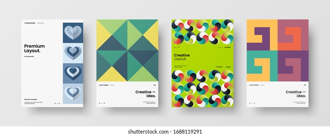 Business presentation vector A4 vertical orientation front page mock up set. Corporate report cover abstract geometric illustration design layout bundle. Company identity brochure template collection.