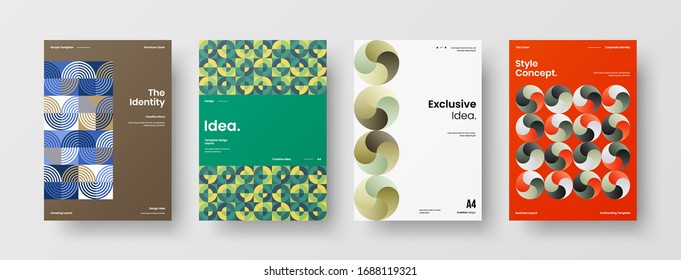 Business presentation vector A4 vertical orientation front page mock up set. Corporate report cover abstract geometric illustration design layout bundle. Company identity brochure template collection.