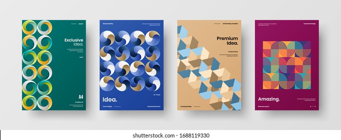 Business presentation vector A4 vertical orientation front page mock up set. Corporate report cover abstract geometric illustration design layout bundle. Company identity brochure template collection.