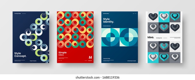 Business presentation vector A4 vertical orientation front page mock up set. Corporate report cover abstract geometric illustration design layout bundle. Company identity brochure template collection.