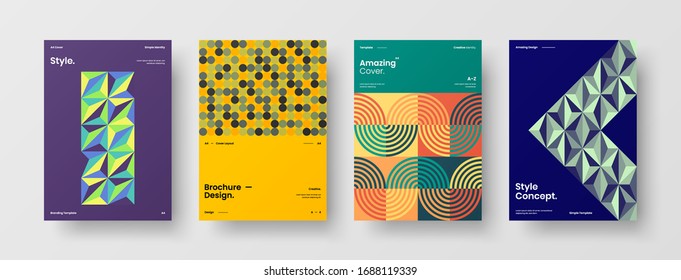 Business presentation vector A4 vertical orientation front page mock up set. Corporate report cover abstract geometric illustration design layout bundle. Company identity brochure template collection.