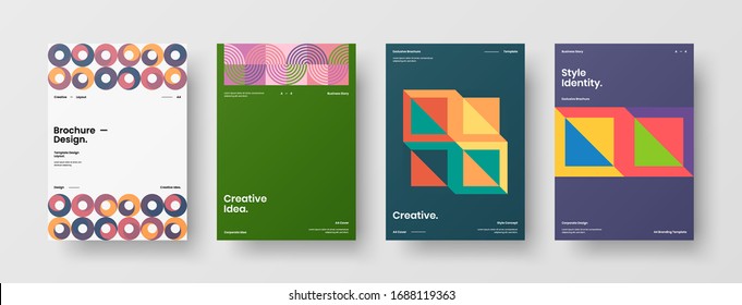 Business presentation vector A4 vertical orientation front page mock up set. Corporate report cover abstract geometric illustration design layout bundle. Company identity brochure template collection.
