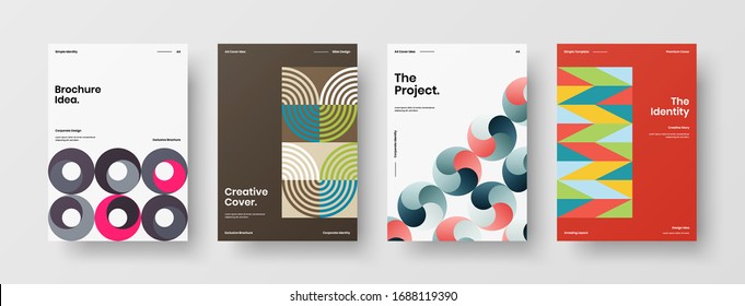 Business presentation vector A4 vertical orientation front page mock up set. Corporate report cover abstract geometric illustration design layout bundle. Company identity brochure template collection.