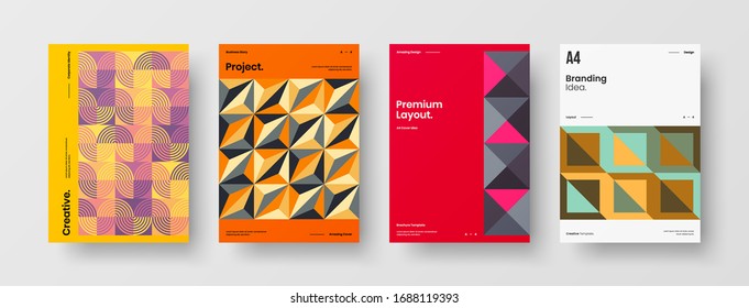 Business presentation vector A4 vertical orientation front page mock up set. Corporate report cover abstract geometric illustration design layout bundle. Company identity brochure template collection.