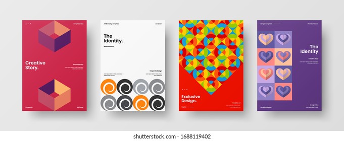 Business presentation vector A4 vertical orientation front page mock up set. Corporate report cover abstract geometric illustration design layout bundle. Company identity brochure template collection.