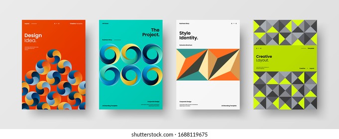 Business presentation vector A4 vertical orientation front page mock up set. Corporate report cover abstract geometric illustration design layout bundle. Company identity brochure template collection.