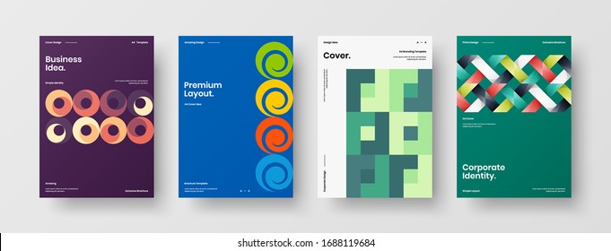 Business presentation vector A4 vertical orientation front page mock up set. Corporate report cover abstract geometric illustration design layout bundle. Company identity brochure template collection.