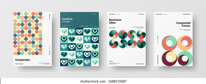 Business presentation vector A4 vertical orientation front page mock up set. Corporate report cover abstract geometric illustration design layout bundle. Company identity brochure template collection.