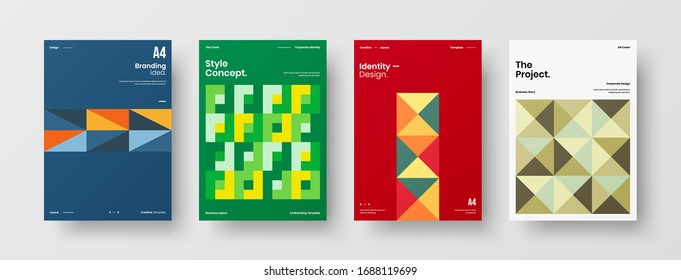 Business presentation vector A4 vertical orientation front page mock up set. Corporate report cover abstract geometric illustration design layout bundle. Company identity brochure template collection.