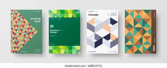 Business presentation vector A4 vertical orientation front page mock up set. Corporate report cover abstract geometric illustration design layout bundle. Company identity brochure template collection.