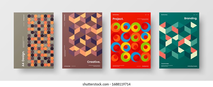 Business presentation vector A4 vertical orientation front page mock up set. Corporate report cover abstract geometric illustration design layout bundle. Company identity brochure template collection.