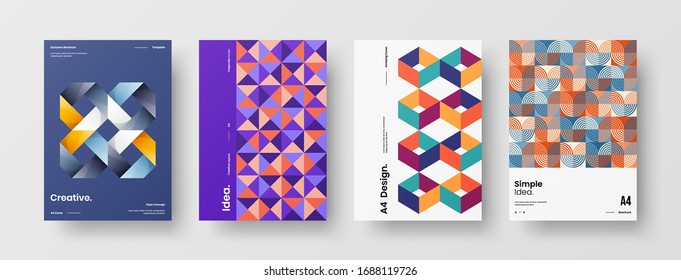 Business presentation vector A4 vertical orientation front page mock up set. Corporate report cover abstract geometric illustration design layout bundle. Company identity brochure template collection.