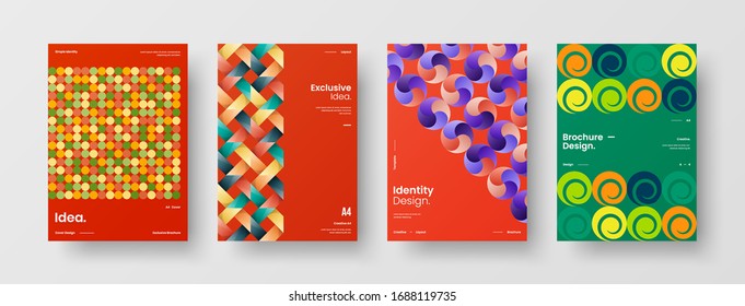 Business presentation vector A4 vertical orientation front page mock up set. Corporate report cover abstract geometric illustration design layout bundle. Company identity brochure template collection.