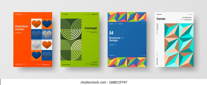 Business presentation vector A4 vertical orientation front page mock up set. Corporate report cover abstract geometric illustration design layout bundle. Company identity brochure template collection.