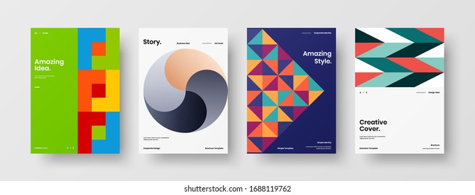 Business presentation vector A4 vertical orientation front page mock up set. Corporate report cover abstract geometric illustration design layout bundle. Company identity brochure template collection.